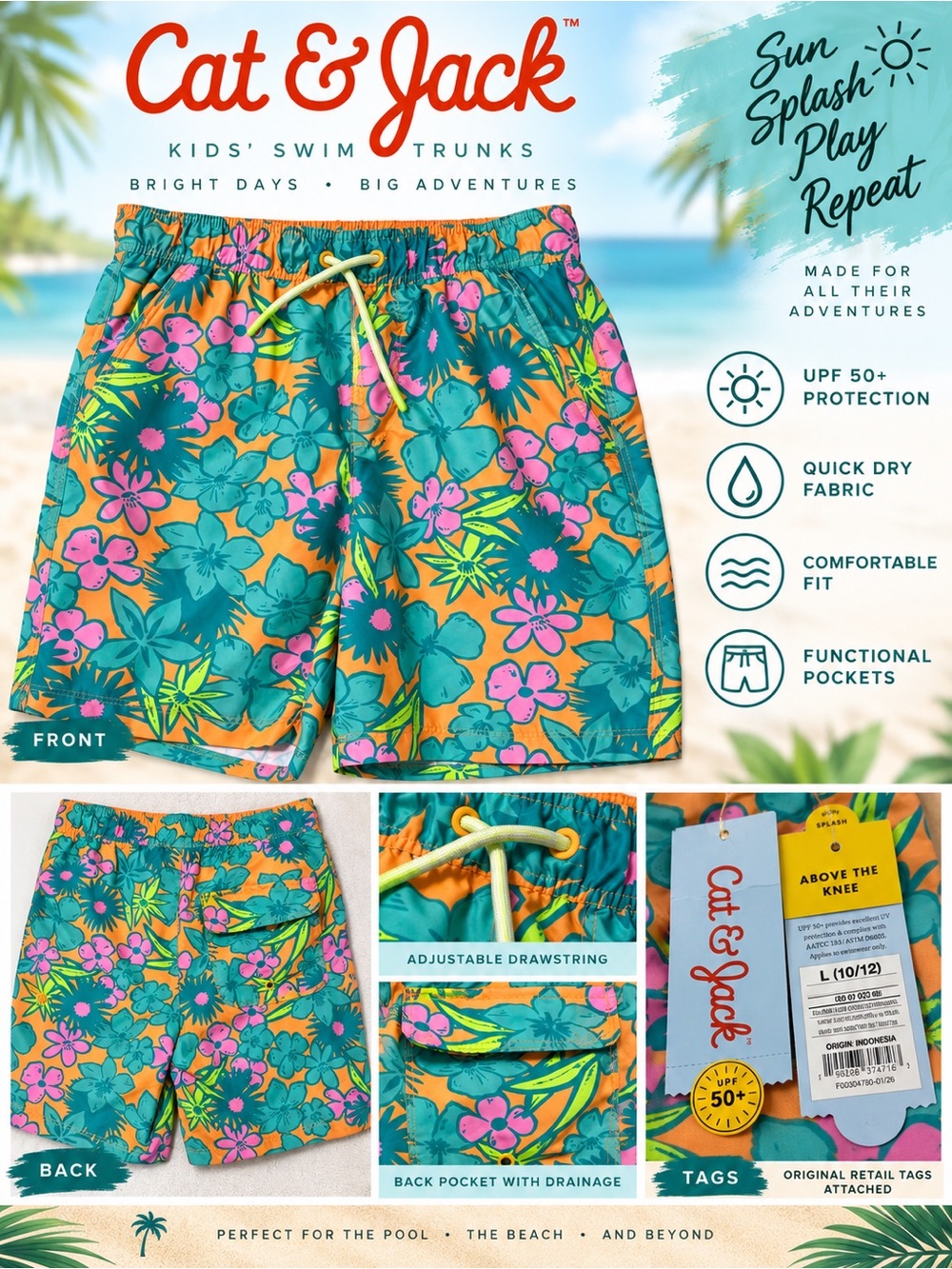 Cat & Jack Teal, Orange & Pink Tropical Floral Boys Swim Shorts L 10/12